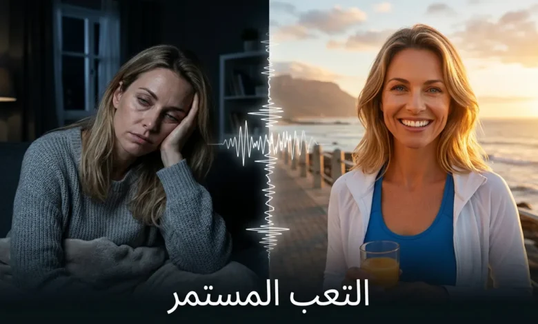 صورة غلاف لمقال عن أسباب التعب المستمر، تظهر امرأة نصفها حيوي ونشيط والنصف الآخر مرهق ومتعب.