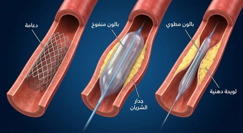 صورة طبية واقعية توضح مراحل عملية رأب الوعاء التاجي وتركيب الدعامة من البالون المطوي إلى نفخ البالون ثم تثبيت الدعامة
