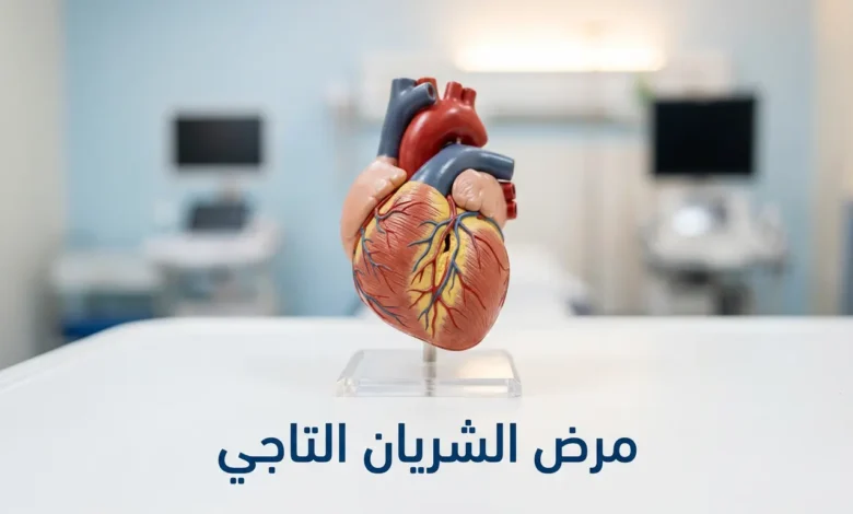 صورة غلاف توضيحية لمرض الشريان التاجي تظهر نموذجاً واقعياً لقلب بشري مع شريان تاجي متضيق بسبب تراكم اللويحات الدهنية