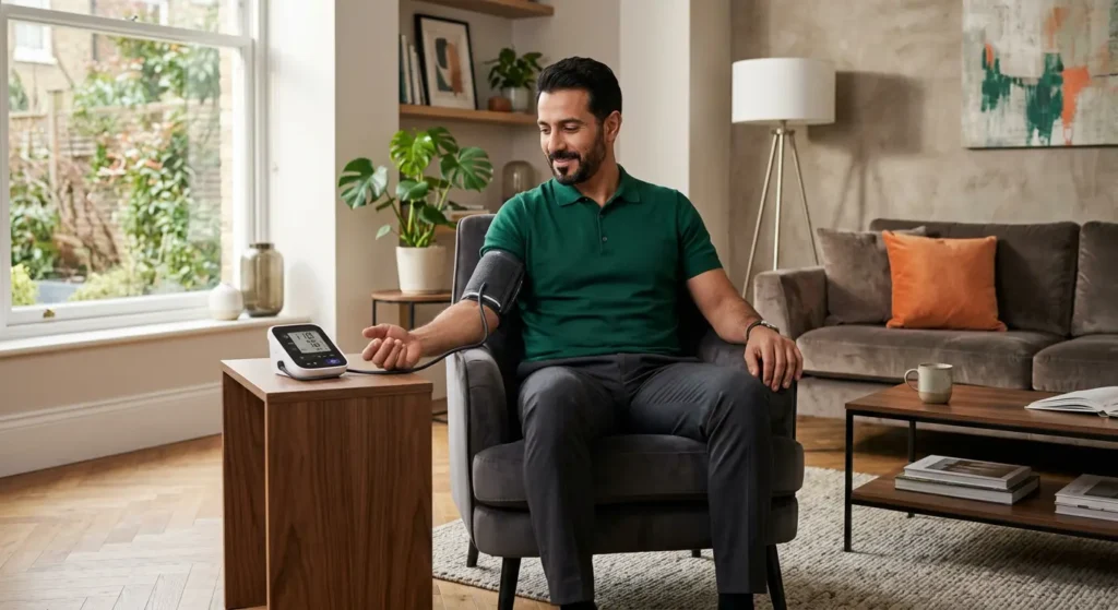 رجل يجلس بوضعية صحيحة لقياس ضغط الدم في المنزل مع إسناد الظهر والذراع على طاولة بمستوى القلب وجهاز قياس إلكتروني على ذراعه