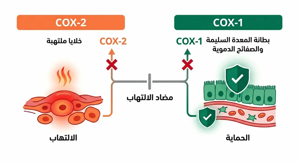 مخطط بياني يوضح الفرق بين إنزيم COX-1 الدائم وCOX-2 الظرفي وكيف تثبطهما مضادات الالتهاب