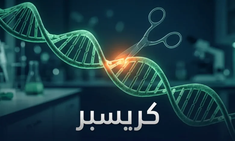 صورة توضيحية لتقنية كريسبر CRISPR-Cas9 تُظهر إنزيم Cas9 يقطع خيط الحمض النووي DNA بدقة جزيئية