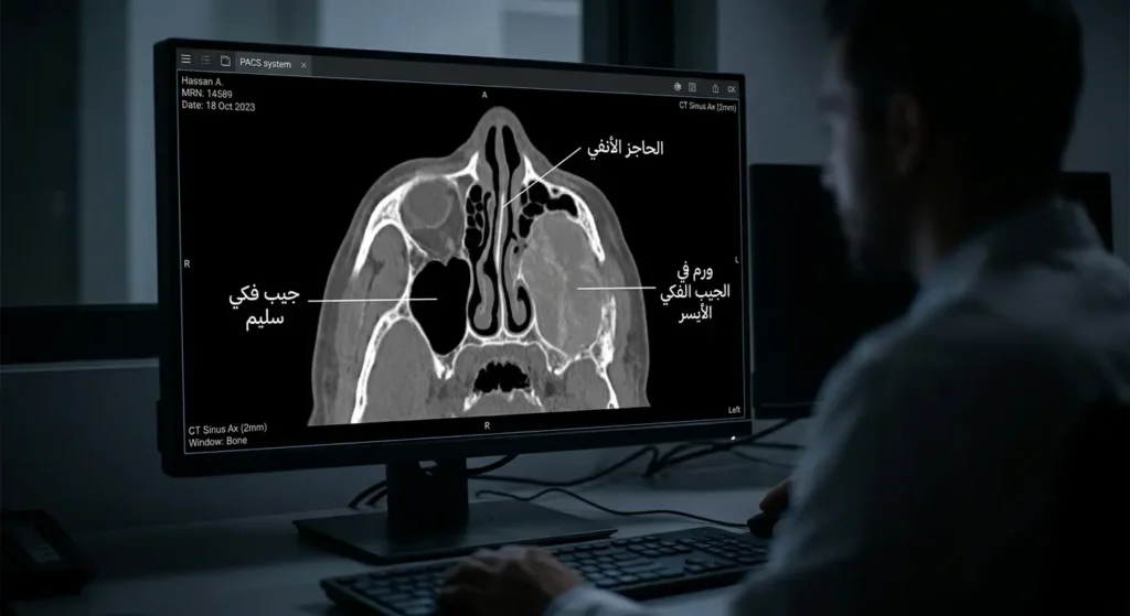 صورة أشعة مقطعية محورية للجيوب الأنفية تُظهر كتلة ورمية تملأ الجيب الفكي الأيسر مقارنة بالجيب الأيمن السليم