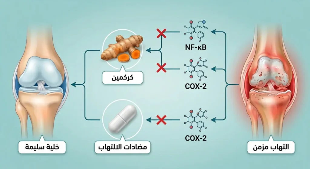رسم طبي توضيحي يقارن آلية عمل الكركمين في تثبيط مسار NF-κB وإنزيم COX-2 مقابل الأدوية المضادة للالتهابات التقليدية