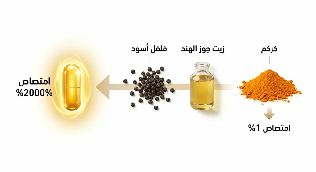 رسم توضيحي يوضح كيفية زيادة امتصاص الكركمين من 1% إلى 2000% عند إضافة الفلفل الأسود وزيت جوز الهند