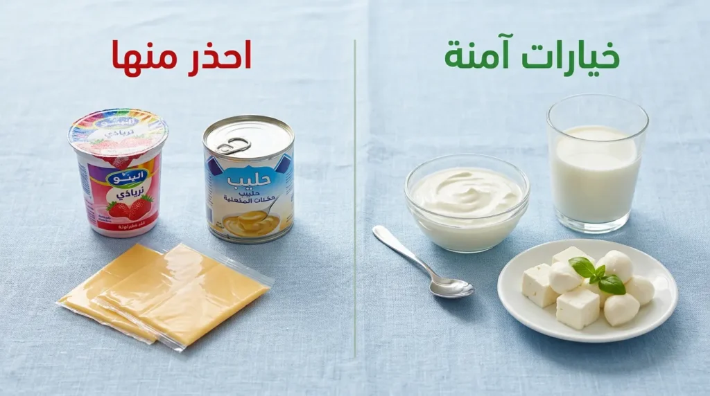 مقارنة بين منتجات ألبان آمنة لمريض السكري مثل الزبادي اليوناني والحليب قليل الدسم وجبنة الفيتا ومنتجات يجب الحذر منها مثل الزبادي المحلى والحليب المكثف والأجبان المطبوخة