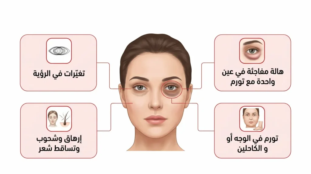رسم توضيحي طبي يعرض أربع علامات تحذيرية تستوجب زيارة الطبيب فوراً عند ظهورها مع الهالات السوداء