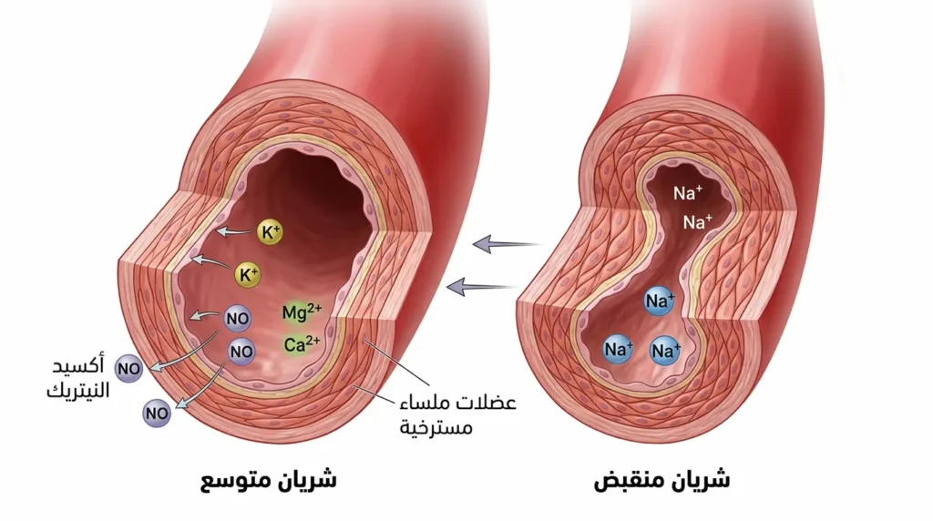 رسم توضيحي طبي واقعي يقارن بين شريان منقبض بسبب ارتفاع الصوديوم وشريان متوسع بفعل البوتاسيوم والمغنيسيوم والكالسيوم مع إفراز أكسيد النيتريك