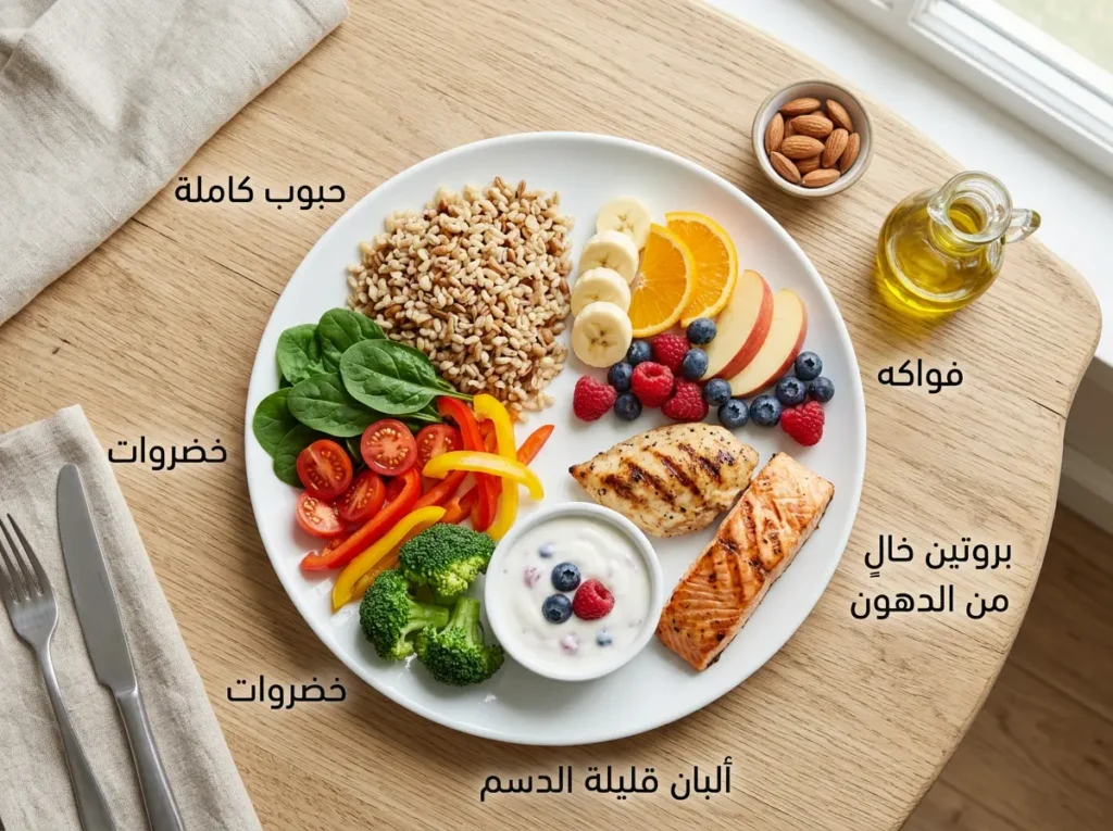 صورة علوية لطبق حمية داش اليومي يعرض الحصص الموصى بها من الحبوب الكاملة والخضروات والفواكه والألبان قليلة الدسم والبروتين الصحي والمكسرات