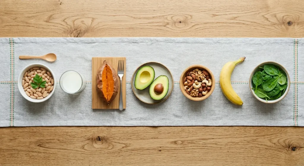 مجموعة من الأطعمة الصحية الغنية بالبوتاسيوم على طاولة تشمل السبانخ والموز والأفوكادو والمكسرات والفاصوليا البيضاء والحليب قليل الدسم والبطاطا الحلوة