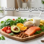 صورة غلاف تعرض أطعمة حمية داش الصحية مرتبة على لوح خشبي بشكل قلب تشمل سلمون وخضروات وفواكه ومكسرات وحبوب كاملة مع عنوان حمية داش لخفض ضغط الدم