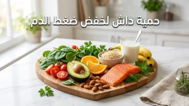 صورة غلاف تعرض أطعمة حمية داش الصحية مرتبة على لوح خشبي بشكل قلب تشمل سلمون وخضروات وفواكه ومكسرات وحبوب كاملة مع عنوان حمية داش لخفض ضغط الدم