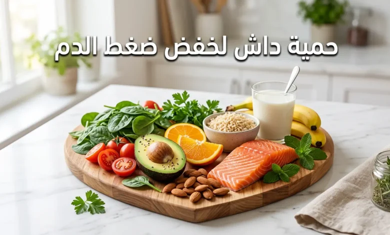 صورة غلاف تعرض أطعمة حمية داش الصحية مرتبة على لوح خشبي بشكل قلب تشمل سلمون وخضروات وفواكه ومكسرات وحبوب كاملة مع عنوان حمية داش لخفض ضغط الدم