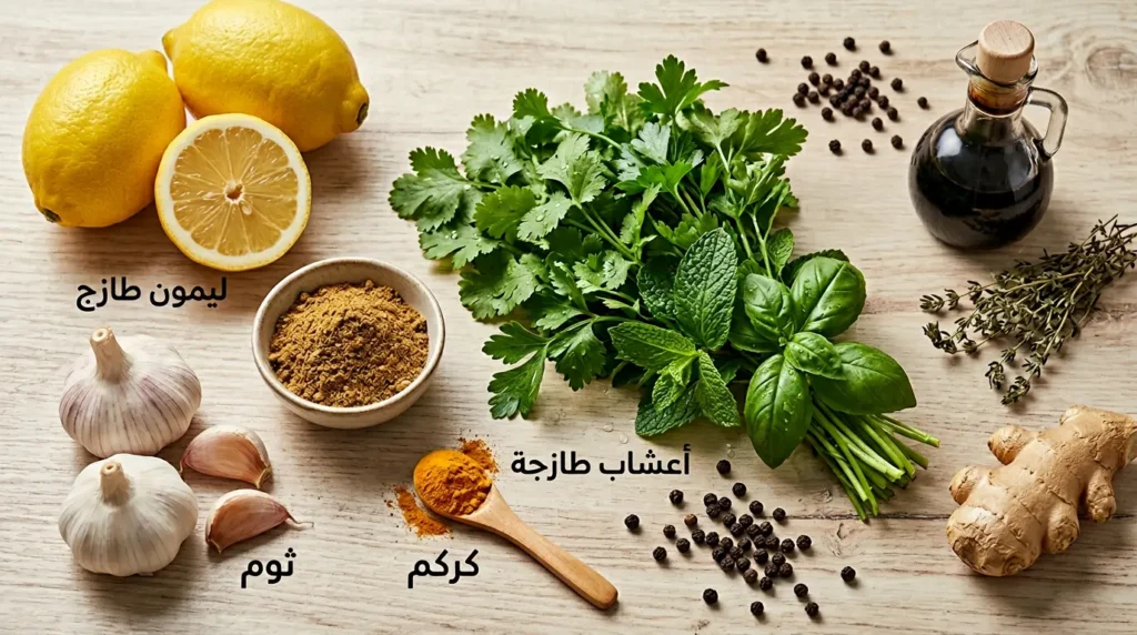 صورة ماكرو لبدائل الملح الطبيعية في حمية داش تشمل الليمون الطازج والأعشاب الخضراء والثوم والكركم والكمون والفلفل الأسود