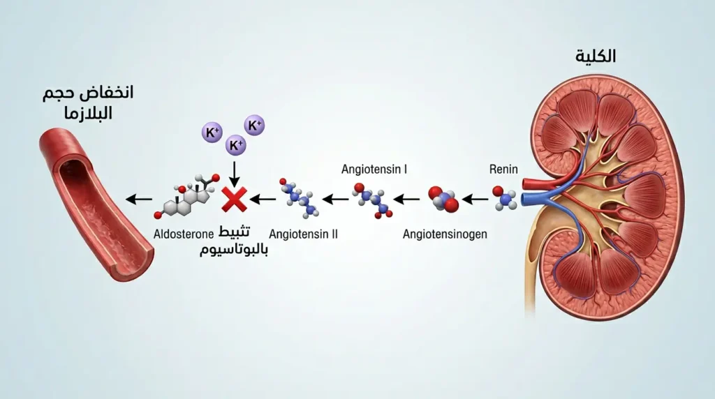رسم ثلاثي الأبعاد واقعي يوضح محور الرينين-أنجيوتنسين-ألدوستيرون وكيف يثبطه البوتاسيوم في حمية داش لخفض حجم البلازما وضغط الدم