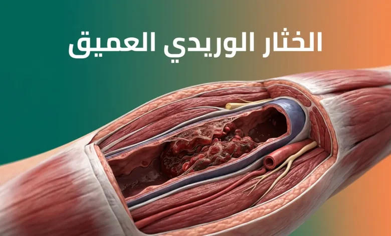 صورة توضيحية واقعية تُظهر مقطعاً تشريحياً لوريد عميق في الساق يحتوي على جلطة دموية (خثرة) تسدّ جزءاً من مجرى الدم، مع عرض الكلمة المفتاحية "الخثار الوريدي العميق" بخط عربي واضح على الغلاف