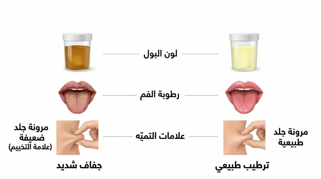 رسم طبي توضيحي يقارن بين علامات الترطيب الطبيعي وعلامات الجفاف الشديد من حيث لون البول ورطوبة الفم ومرونة الجلد
