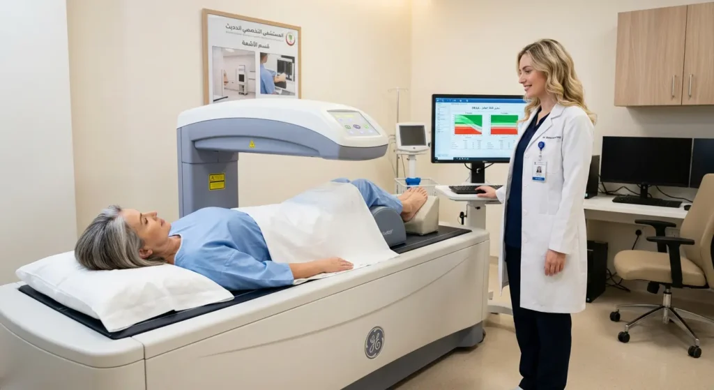 امرأة في الخمسينيات تخضع لفحص كثافة العظام على جهاز DEXA بينما تراقب الطبيبة الشاشة في غرفة فحص حديثة