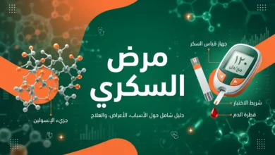 صورة غلاف لمقال عن مرض السكري، تعرض الكلمة المفتاحية مع رموز طبية كجزيء الإنسولين وشريط قياس السكر، بتصميم أنيق يستخدم اللونين الأخضر الداكن والبرتقالي.