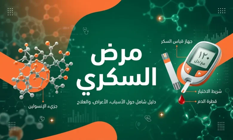 صورة غلاف لمقال عن مرض السكري، تعرض الكلمة المفتاحية مع رموز طبية كجزيء الإنسولين وشريط قياس السكر، بتصميم أنيق يستخدم اللونين الأخضر الداكن والبرتقالي.