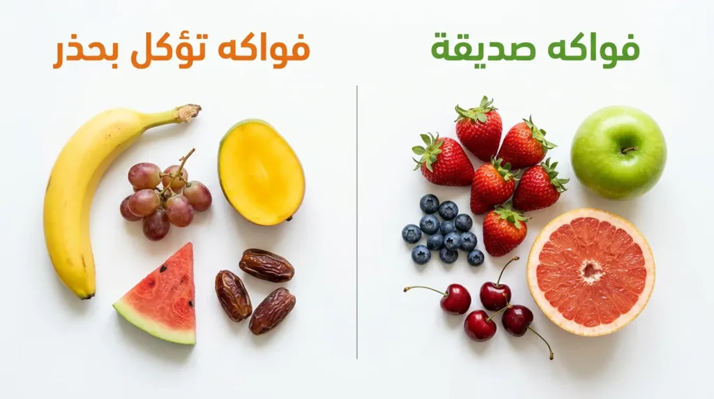  مقارنة بين الفواكه الصديقة لمريض السكري مثل الفراولة والتوت والتفاح الأخضر والفواكه التي تؤكل بحذر مثل الموز والعنب والمانجو والبطيخ والتمر