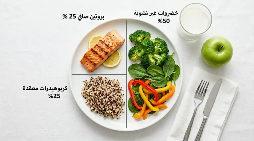 طبق مُقسّم وفق طريقة الطبق المعتمدة لمرضى السكري يوضح نسبة كل مجموعة غذائية في الوجبة