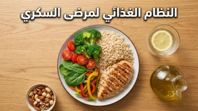 طبق طعام صحي مقسّم وفق طريقة الطبق لمرضى السكري يحتوي على خضروات وبروتين وكربوهيدرات معقدة مع مكسرات وماء وزيت زيتون