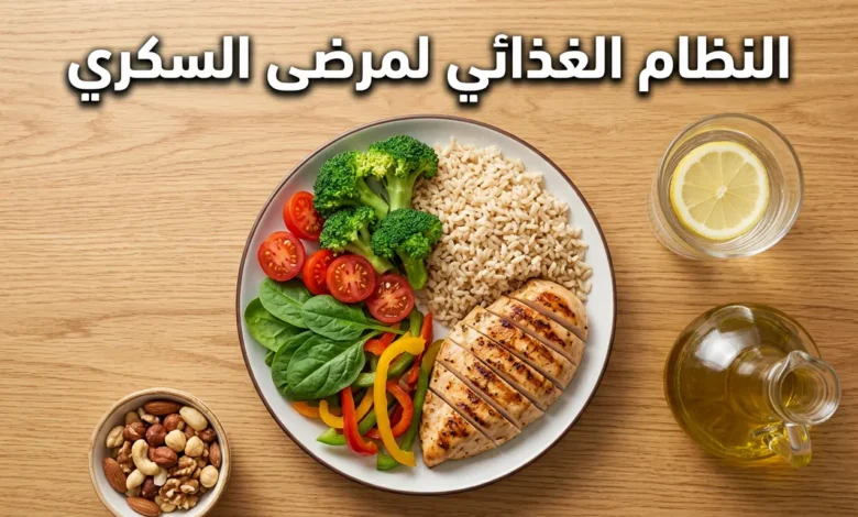 طبق طعام صحي مقسّم وفق طريقة الطبق لمرضى السكري يحتوي على خضروات وبروتين وكربوهيدرات معقدة مع مكسرات وماء وزيت زيتون