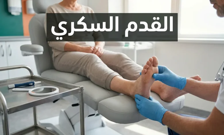 طبيب يرتدي قفازات طبية يفحص قدم مريض السكري في عيادة حديثة مع أدوات الفحص العصبي - القدم السكري