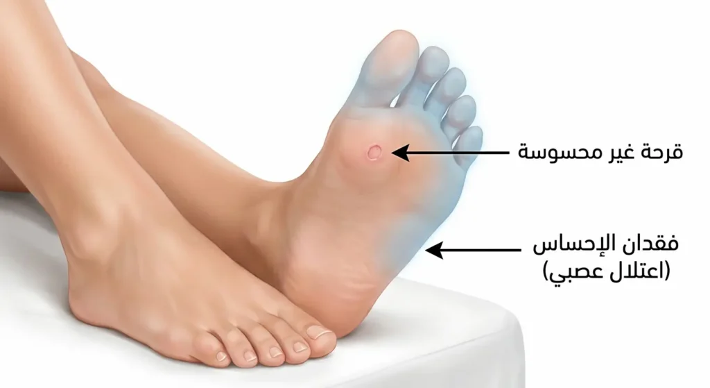  توضيح لمضاعفات القدم السكرية، يظهر قرحة صغيرة ناتجة عن فقدان الإحساس بسبب الاعتلال العصبي السكري.