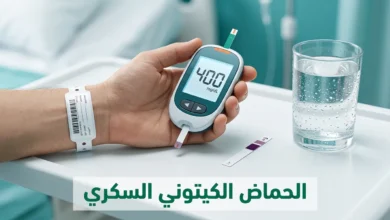 جهاز قياس السكر يُظهر مستوى 400 mg/dL مع شريط كيتون إيجابي، وهي علامات تحذيرية حاسمة للحماض الكيتوني السكري تستدعي التدخل الطبي الفوري