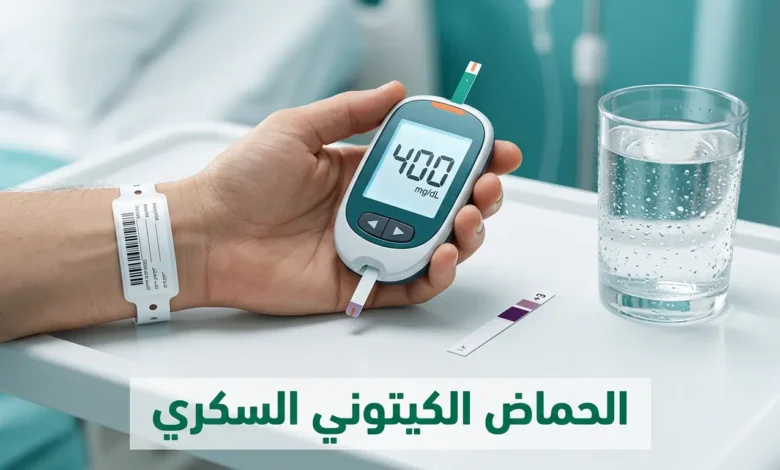 جهاز قياس السكر يُظهر مستوى 400 mg/dL مع شريط كيتون إيجابي، وهي علامات تحذيرية حاسمة للحماض الكيتوني السكري تستدعي التدخل الطبي الفوري