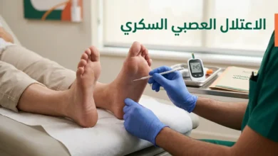 طبيب يفحص قدم مريض سكري باستخدام أداة اختبار الشعيرة الأحادية للكشف عن الاعتلال العصبي السكري مع جهاز قياس السكر في الخلفية