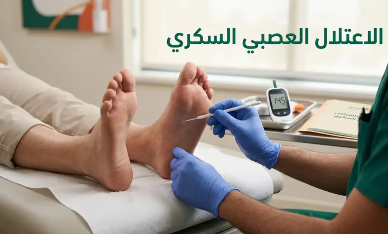 طبيب يفحص قدم مريض سكري باستخدام أداة اختبار الشعيرة الأحادية للكشف عن الاعتلال العصبي السكري مع جهاز قياس السكر في الخلفية