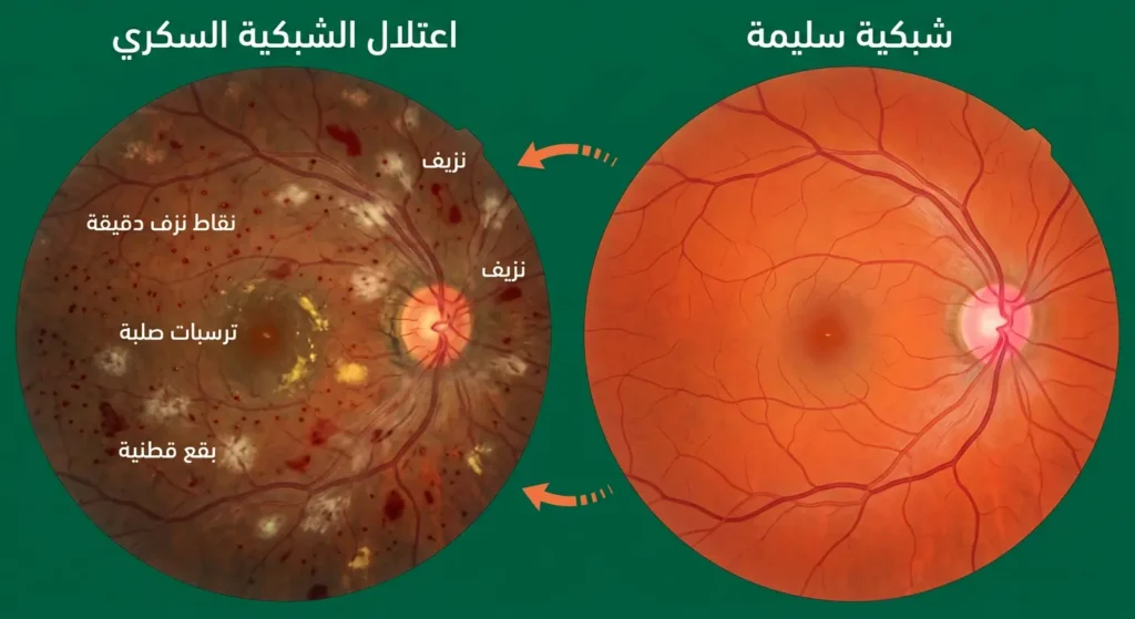 مقارنة بين شبكية عين سليمة وشبكية عين مصابة باعتلال الشبكية السكري.