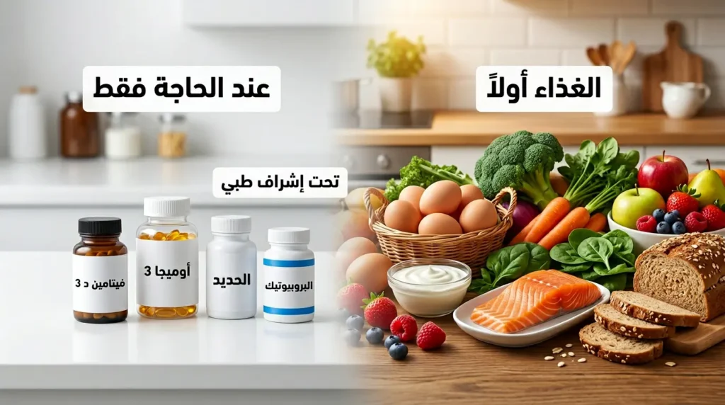صورة واقعية تعرض أطعمة طبيعية متنوعة إلى جانب عبوات مكملات عامة مثل فيتامين د 3 وأوميجا 3 والحديد والبروبيوتيك مع إبراز أن الغذاء هو الأساس والمكملات عند الحاجة فقط