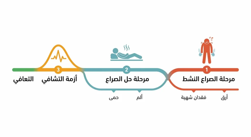 رسم بياني زمني يوضح المراحل الثلاث لتطور المرض في الطب الشعوري من الصراع النشط إلى حل الصراع ثم أزمة التشافي والتعافي