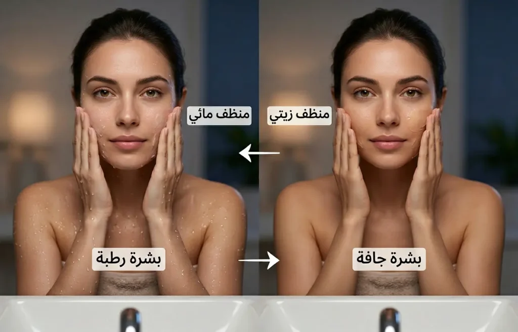 صورة مزدوجة توضح استخدام المنظف الزيتي على بشرة جافة ثم المنظف المائي على بشرة رطبة.
