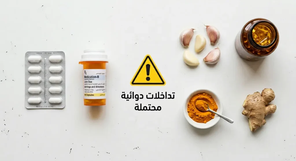 صورة توضيحية للتداخلات الدوائية المحتملة بين المكملات الطبيعية مثل زيت السمك والثوم والكركم والزنجبيل والأدوية الصيدلانية