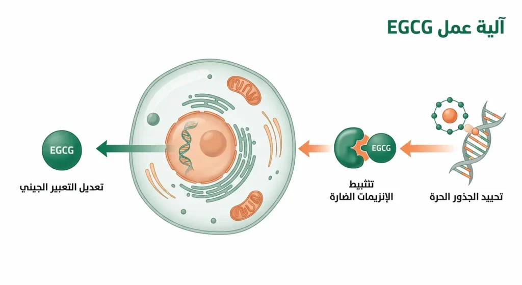 رسم توضيحي علمي يُظهر آلية عمل مركب EGCG داخل الخلية البشرية عبر ثلاثة مسارات: تحييد الجذور الحرة، تثبيط الإنزيمات الضارة، وتعديل التعبير الجيني