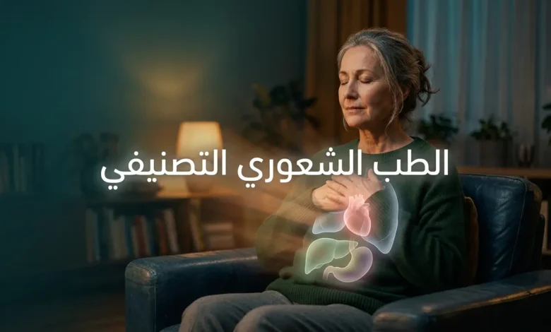 صورة غلاف لمقالة الطب الشعوري التصنيفي تُظهر شخصاً يضع يده على صدره مع إضاءة داخلية خافتة تكشف الأعضاء الداخلية كرسائل مشفّرة من الجسد