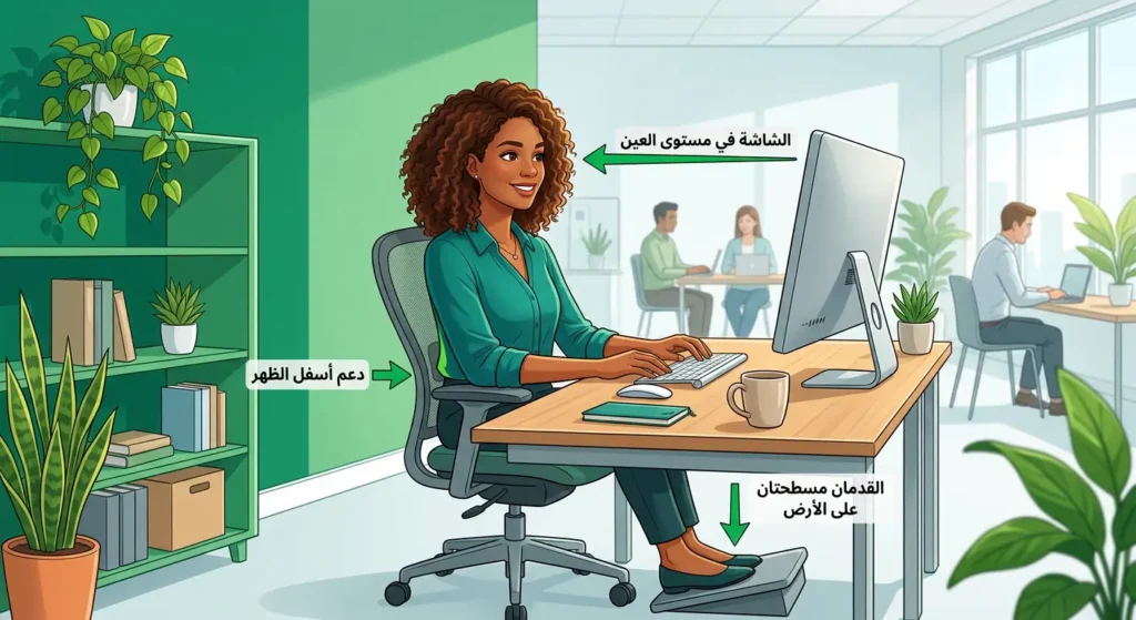 رسم توضيحي يوضح الوضعية الصحيحة للجلوس أمام الحاسوب، مع إرشادات حول مستوى الشاشة ودعم الظهر ووضع القدمين للوقاية من الصداع.