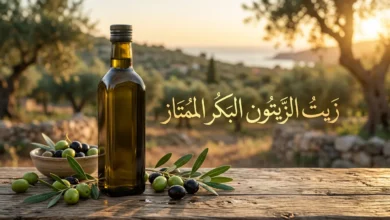 زجاجة زيت الزيتون البكر الممتاز مع ثمار الزيتون الخضراء والسوداء على خلفية طبيعية دافئة