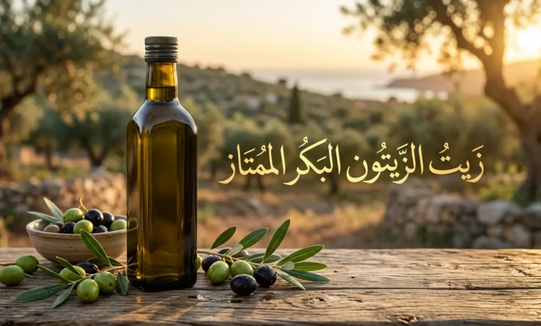 زجاجة زيت الزيتون البكر الممتاز مع ثمار الزيتون الخضراء والسوداء على خلفية طبيعية دافئة