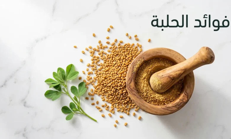 بذور الحلبة المجففة ذهبية اللون متناثرة على سطح رخامي أبيض بجانب هاون خشبي يحتوي على مسحوق الحلبة وغصن أخضر طازج من نبات الحلبة