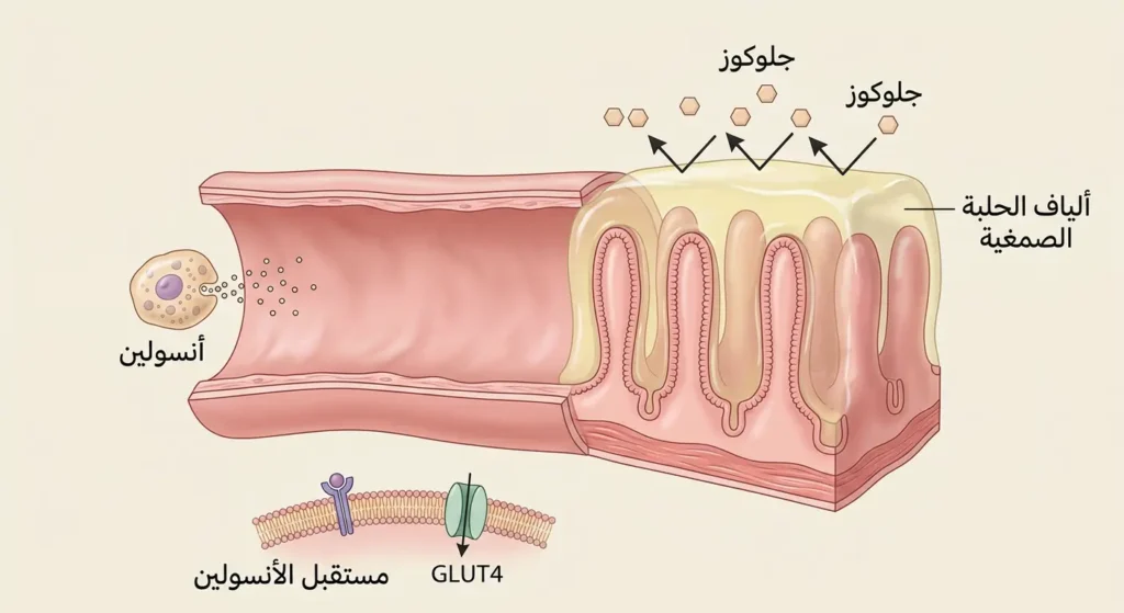  رسم توضيحي طبي يوضح آلية عمل ألياف الحلبة الصمغية في إبطاء امتصاص الجلوكوز عبر تكوين طبقة هلامية على جدار الأمعاء الدقيقة وتعزيز عمل مستقبلات الأنسولين وناقلات GLUT4