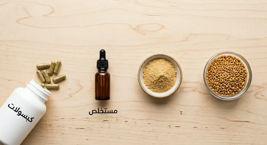 صورة واقعية من الأعلى تعرض أربعة أشكال صيدلانية للحلبة مرتبة من اليمين إلى اليسار: بذور كاملة ومسحوق ومستخلص سائل وكبسولات على سطح خشبي فاتح