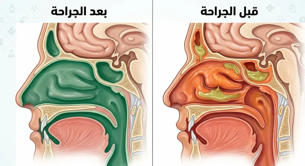 رسم توضيحي لجراحة الجيوب الأنفية بالمنظار يُظهر توسيع مسارات التصريف الطبيعية دون شقوق خارجية