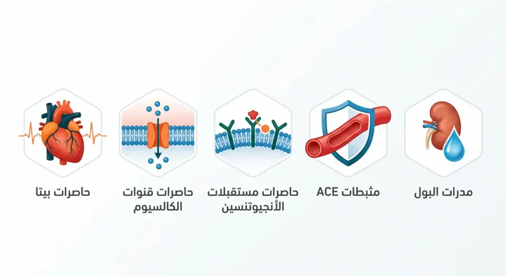 رسم توضيحي يعرض خمس فئات أساسية من أدوية ارتفاع ضغط الدم وهي مدرات البول ومثبطات ACE وحاصرات مستقبلات الأنجيوتنسين وحاصرات قنوات الكالسيوم وحاصرات بيتا
