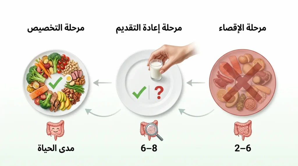 رسم توضيحي يعرض المراحل الثلاث لنظام الفودماب بالترتيب من اليمين إلى اليسار: مرحلة الإقصاء ثم مرحلة إعادة التقديم ثم مرحلة التخصيص مع المدة الزمنية لكل مرحلة